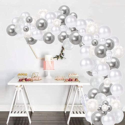 White Silver Birthday Party Latex Balloon Decorations, 66 Pack Silver Metallic Chrome Party Balloon Set with 16ft Strip and Dot Glue for Wedding Birthday Baby Shower Decorations