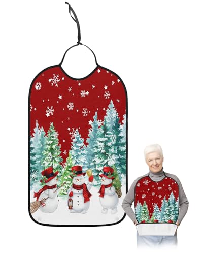 Red Snowman Adult Bib for Adults Men, Women, Washable & Adjustable Terry Cloth Bib with Crumb Catcher Reusable Waterproof Clothing Clothes Protector Apron Christmas Tree Winter Forest Snowflake