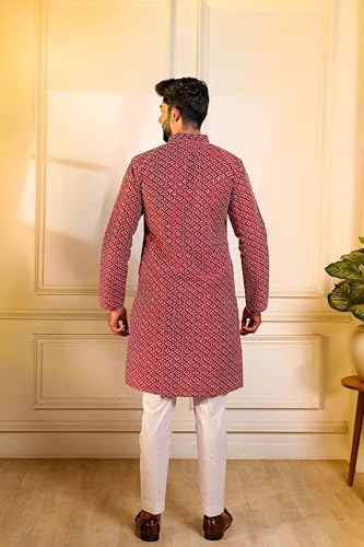 Image of LookMark Men's Printed Silk Blend Kurta with Mandarin Collar, Full Sleeves, Straight Fit Traditional Ethnic Wear