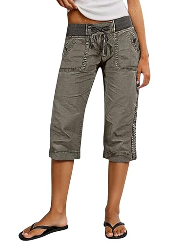 Flamingals Straight Leg High Waist Capri Drawstring Button Pants Gray S