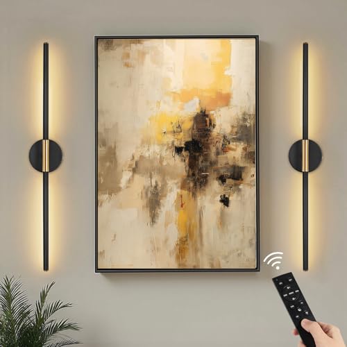Image of Battery Operated Wall Sconces Set of Two 360 Rotate Wireless Rechargeable Light Dimmable with Remote - Black Gold Modern Sconces Cordless Wall Decor for Home Bedroom Timer 31.5 Inch