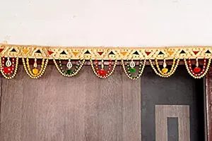 P.A.Stylish Traditional Golden Patchwork Border with Multicolor Moti Pompom Designs Main Door Hanging Toran/Toranam/Bandarwal Decor.[3FT]