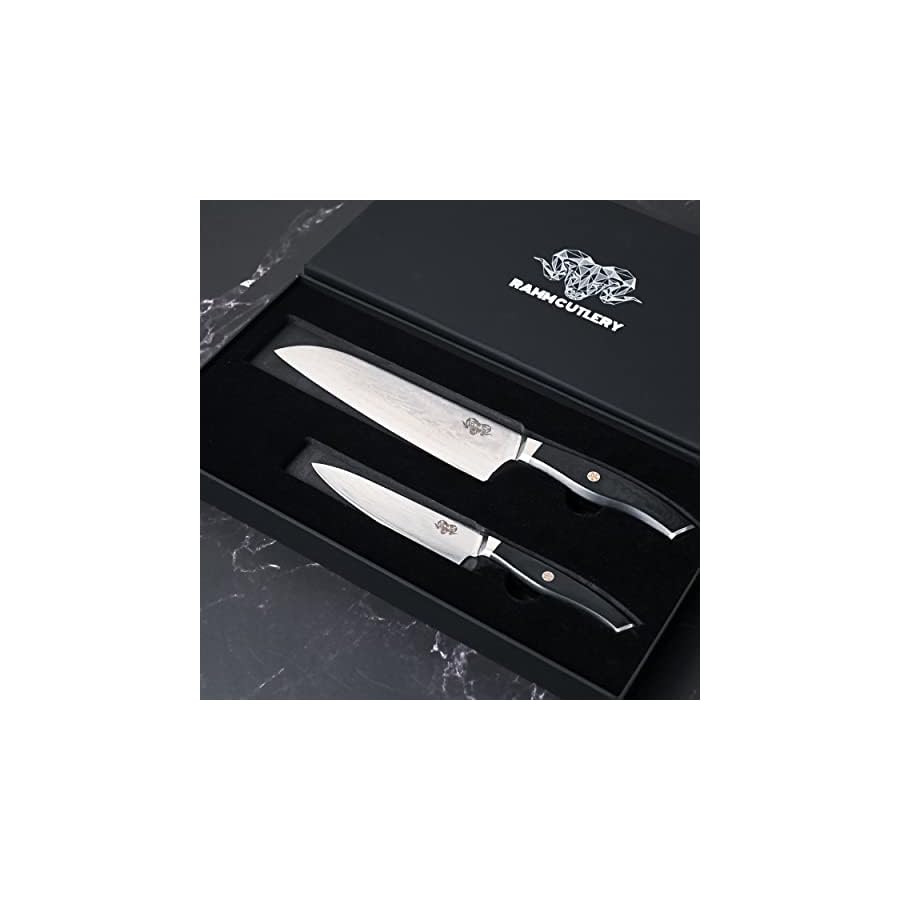 RAMM CUTLERY Damascus Steel Knife Set - 7 Inch Santoku & 5 Inch Carving Knives, AUS-10 Japanese Steel, 67 Layers - Ideal for Slicing, Chopping, and Professional Kitchen Use