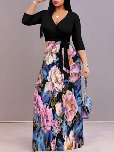 Image of PinkPatty Plus Size Dresses for Curvy Women V Neck Flowy Long Sleeves Wrap Maxi Dress Travel Vacation Outfits