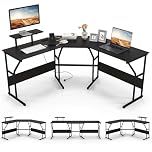 COSTWAY L-Shaped Computer Desk, 225cm Convertible Double Study Writing Workstation with Movable Monitor Stand, Corner Home Office Desk PC Laptop Gaming Table for 2 Person (Black)