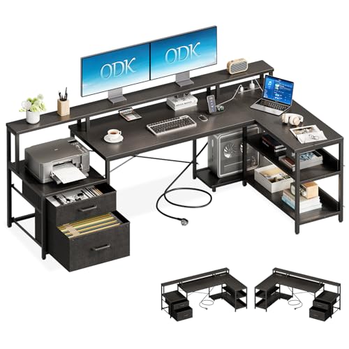 ODK Schreibtisch mit Schubladen, 172.5×100cm Reversibel Eckschreibtisch Groß mit 2 Steckdosen&USB Ladeanschluss, Schreibtisch L Form mit Stauraum, Gaming Tisch für Homeoffice, Schwarz