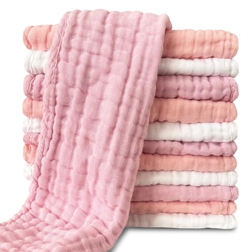 Image of Muslin Burp Cloths for Baby 100% Cotton Burping Cloths for Unisex, Boy, Girl - Large 20'' by 10'' Newborn Essentials Ultra Soft Absorbent Milk Spit Up Rags - 12 Pack - White+Light Sakura Series