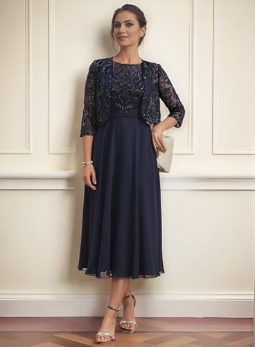 2 Piece Mother of The Bride Dresses Tea Length Chiffon Lace 3/4 Sleeves Mother of The Groom Dresses with Jacket2