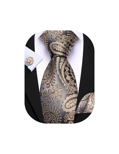 Image of Barry.Wang Men Tie Set Paisley Silk Necktie Pocket Square Cufflinks Formal Wedding Business Party