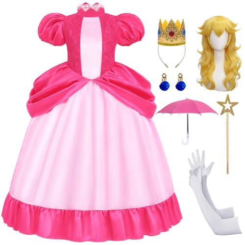 ZIW Kids Princess Peach Costume for Girls Pink Princess Peach Dress Deluxe Halloween Princess Costume Set with Crown Wig Wand Gloves Earrings ZW263L