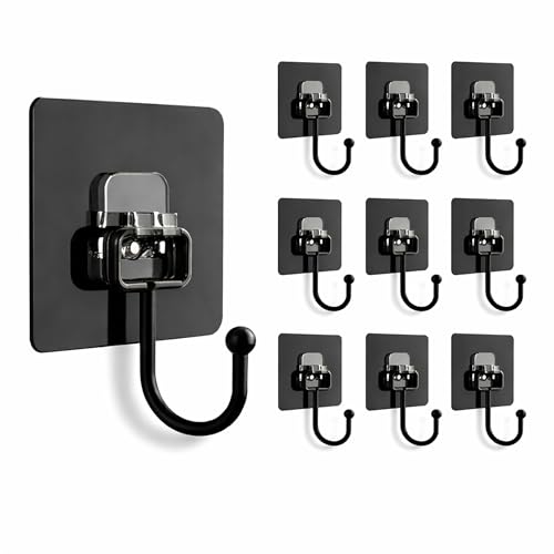 Image of BRAND VILLA Black Adhesive Wall Hooks Pack of 10 - Heavy Duty No Drill Sticky Hooks for Bathroom, Kitchen & Door - Waterproof Stainless Steel Towel & Coat Holder - Strong Self Adhesive Hooks