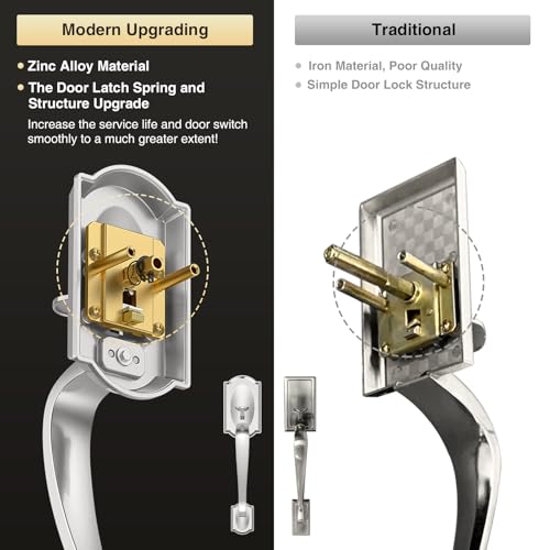 Image of Front Door Lock Set, Brushed Nickel Front Door Handle and Deadbolt Set, Vintage Exterior Door Lock Set, Front Door Handle with Single Cylinder, Reversible for Right & Left, Satin Nickel