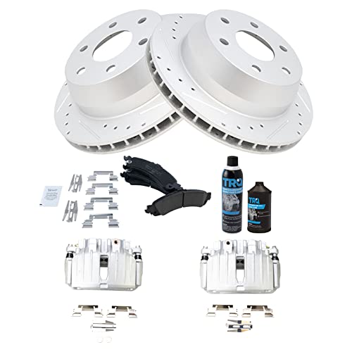 Image of TRQ Performance Rear Ceramic Pad Coated Rotor & Calipers Kit w /Chemicals Compatible with 2003-2006 Cadillac Escalade Chevrolet Avalanche 1500 Tahoe GMC Yukon Yukon XL 1500
