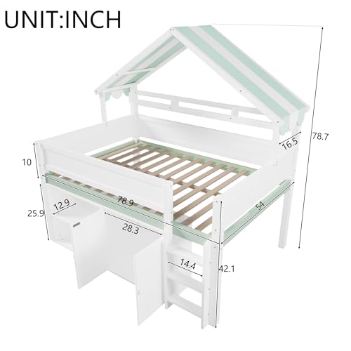Image of Full Size House Loft Bed with Canopy Roof and Storage, Perfect for Kids' Bedroom, Sleepovers & Organized Living (White+Green)