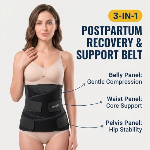 Image of SOMAKA 3-in-1 Post Pregnancy Abdominal Belt for Women - C-Section Abdomen Belt & Belly Wrap for After Delivery Recovery - Adjustable Postpartum Belt, Maternity Belt for Waist, Pelvis & Tummy Support (Free Size) (Black)