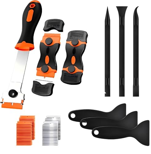 Image of DEKEones Razor Blade Scraper Tool Set, 9 Pack Razor Scraper with 30 Plastic & 30 Metal Blades, Non Scratch Plastic Scrapers Tool for Stickers Label Grout Removal