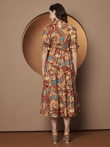 Image of KZULLY | Dress for Women | Midi Dress | Floral Printed | Polyester Fabric | Bell Sleeve Ethnic A-Line | Tiered Fit & Flare | Casual & Festive