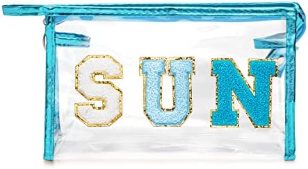 E1mity Preppy Sun Patch PVC Cosmetic Bag Clear Toiletry Bag Preppy Stuff Pencil Case Portable Travel Make Up Bag Zipper Waterproof Daily Clutch Ladies Girls Travelling Office School Home Use (Blue)