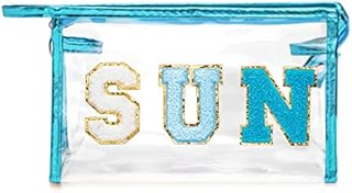 E1mity Preppy Sun Patch PVC Cosmetic Bag Clear Toiletry Bag Preppy Stuff Pencil Case Portable Travel Make Up Bag Zipper Waterproof Daily Clutch Ladies Girls Travelling Office School Home Use (Blue)