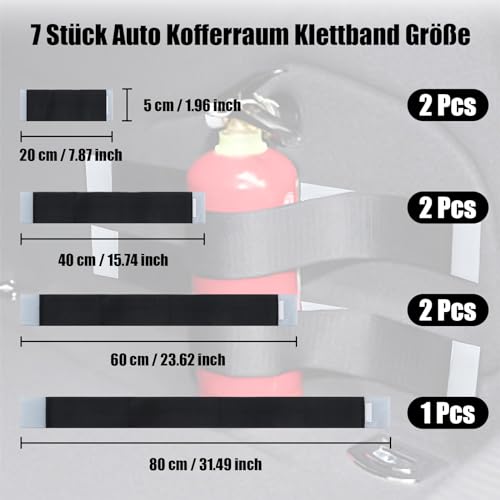 7 Stück Auto-Klettverschlussstreifen, Klettbander 4 Größe, Kofferraum Klettstreifen, Klettverschluss Bander, Auto Klett Streifen Elastisches Klettbänder zur Befestigung von Gegenständen Im Auto
