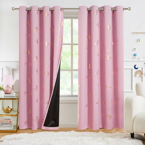 Jubilantex Pink Gold Butterfly Blackout Curtains 84Inches Long For Bedroom Kids Bedroom Nursery Floral Print Window Curtains With Black Layer,2 Panels thumb #1