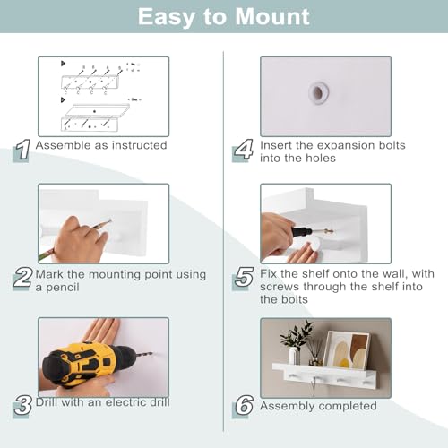 WOLTU Estanteria Pared, Estante Flotante con 4 Ganchos, Balda Pared Colgador, Estanteria Montada a Pared para Cocina, Recibidor, Dormitorio, Blanca, 51x12x10cm, RG9510ws - imagen 8