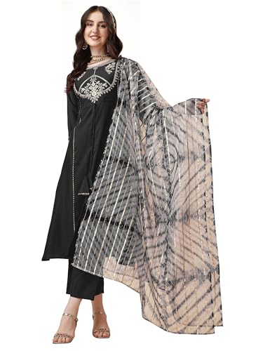 Image of EthnicJunction Women's Chinon Embroidered Straight Front Slit Kurta Palazzo & Organza Dupatta Set | Wedding | Heavy | Outfit | Suit