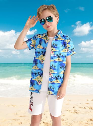 Image of XiaoMoSha Hawaiian Shirts for Boys Button Down Shirt Short Sleeve Shirts Girls Hawaiian Shirt Summer Beach Tops for Kids