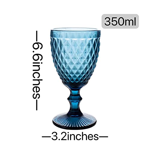 Nilor Colored Glass Goblet Vintage Wine Glasses Set Of 6 Diamond Design Pressed Pattern Glassware, Party Glasses, Drinking Glass, Wedding Goblet 12 Ounce - Blue #TOP3