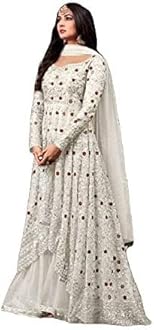 Ready to Wear Indian Pakistani Style Embroidered Koti Salwar Kameez Salwar Suit for Women, White-1, Medium