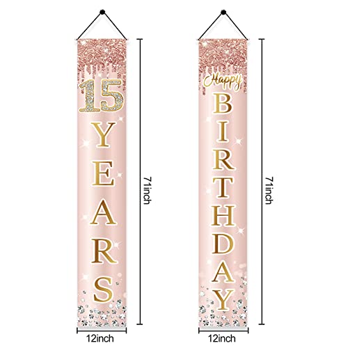 Image of 15th Birthday Door Banner Decorations for Girls, Pink Rose Gold Happy 15 Birthday Door Porch Backdrop Party Supplies, Fifteen Year Old Birthday Sign Decor