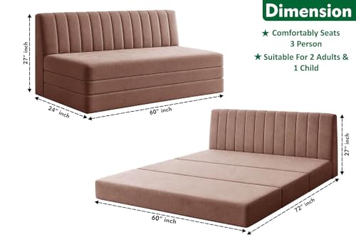 Image of Three-Seater Foldable Sofa Bed with, Modern Velvet Fabric Folding Couch for Living Room, Guest Room & Small Spaces-Brown