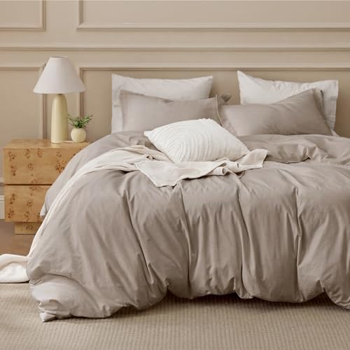 Bedsure 100% Washed Cotton Duvet Cover Cal King Size - Tannish Linen Grey Minimalist Cotton Duvet Cover for All Seasons - Plain Simple Bedding Set (Tannish Linen Grey, Cal King, 104"x98")