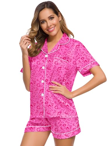 Image of SWOMOG Womens Silk Satin Pajamas Set Short Sleeve Sleepwear Button Down Top and Shorts Loungewear 2 Piece Pjs Set XS-3XL