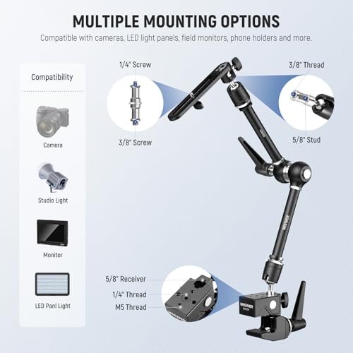 Image of NEEWER 21 inch Magic Arm Camera Mount with Super Clamp, Overhead Desk Mount with 360 Dual Ball Head, 1 /4 inch 3 /8 inch 5 /8 inch Stud Adapter for PA073 PA074 Phone Cage Rig DSLR Camera Monitor Video Light, UA018