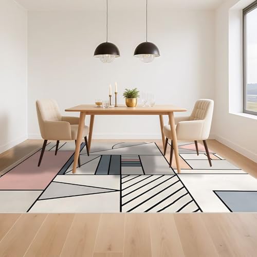 Tapis salon motif géométrique moderne gris rose grand format