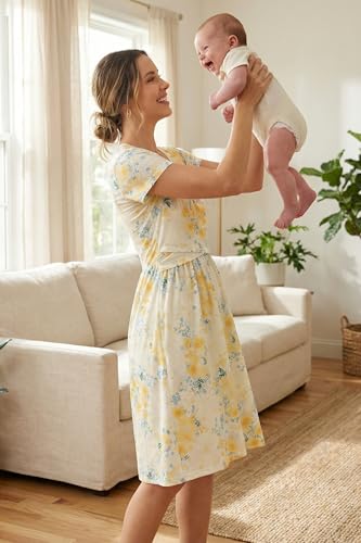 Image of OUGES Maternity Nursing Dress Breastfeeding Short Sleeve V Neck Casual Pregnancy Clothes with Pockets