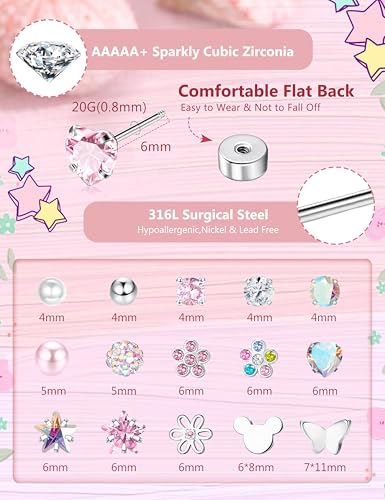 Image of CASSIECA 16 Pairs Hypoallergenic Screw Back Earrings for Women Girls 316L Stainless Steel CZ Ball Heart Flower Screwback Flat Back Stud Earrings Jewelry Gift Women Multicolored Pink