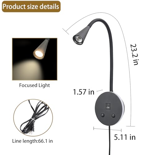 Image of Book Lights for Reading at Night, LED Wall Mounted Reading Light, Flexible Gooseneck Wall Lamps for Bedroom, Plug in Wall Lights with USB Charging, Bedside Wall Sconces Focused Bed Lamp (Black)