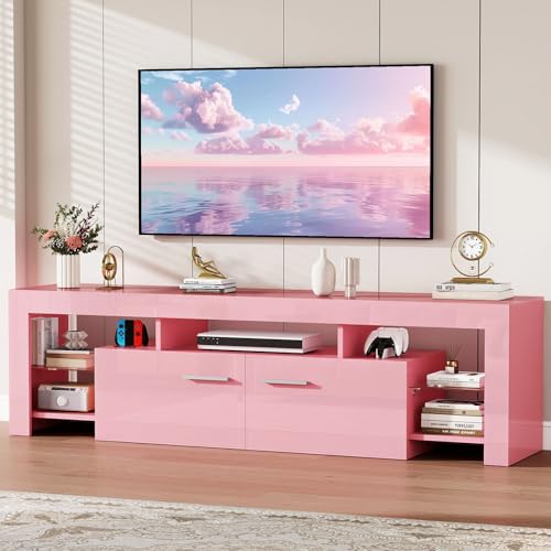 Ludatido 63 Inch Pink TV Stand for Living Room Modern Glossy Entertainment Center with Storage Cabinets and 4 Open Shelves for TVs Up to 75 Inch Media Console Table for Bedroom and Game Room Pink