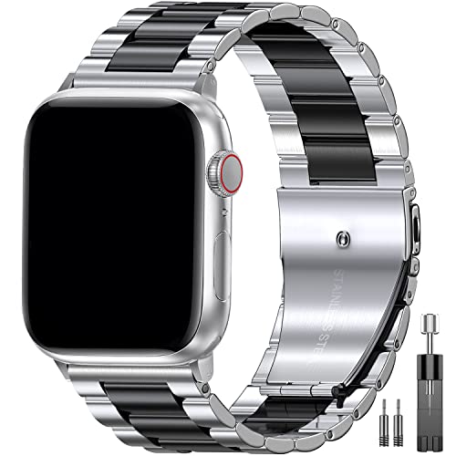 EPULY Compatible with Apple Watch Band 42mm 44mm 45mm 38mm 40mm 41mm, Business Stainless Steel Metal Wristband for iWatch SE & Series 7 6 5 4 3 2 for Men (Silver+Black, 45mm 44mm 42mm)