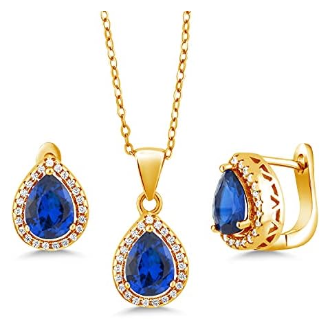 Pendant and Earrings Jewelry Set For Women | 925 Sterling Silver | Blue Simulated Sapphire Green Nano Emerald or Red Created Ruby | 6.50 Cttw | Pear Shape 9X7MM | with 18 Inch Silver Chain) Cover