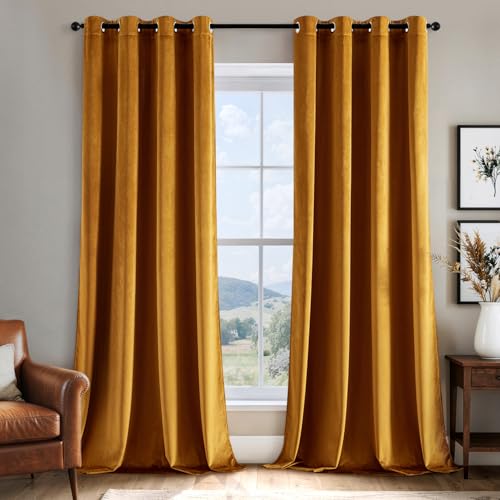 EMEMA Velvet Blackout Curtains 96 inches Long, Super Soft Luxury Thermal Insulated Curtains for Bedroom, Grommet Soundproof Elegant Window Drapes for Living Room W52 x L96 2 Panels Mustard Yellow by EMEMA - Used condition - US$23.90