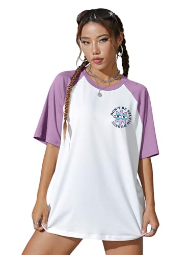 Image of JUNEBERRY 100% Pure Cotton Oversized Fit Drop Shoulder Graphic Printed Raglan Sleeves Boyfriend T-Shirt for Women (Sizes: S to 2XL)