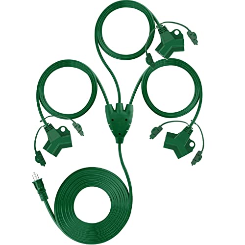 1 to 6 Outlet Splitter 50 FT Extension Cord, 3 Direction Multi Outlet Splitter for Christmas and Holiday Lighting, 30 Ft Reach Plug to End, Outdoor, Indoor, Weatherproof, Landscaping 1 to 6 Outlet Splitter 50 FT Extension Cord, 3 Direction Multi Outlet Splitter for Christmas and Holiday Lighting, 30 Ft Reach Plug to End, Outdoor, Indoor, Weatherproof, Landscaping