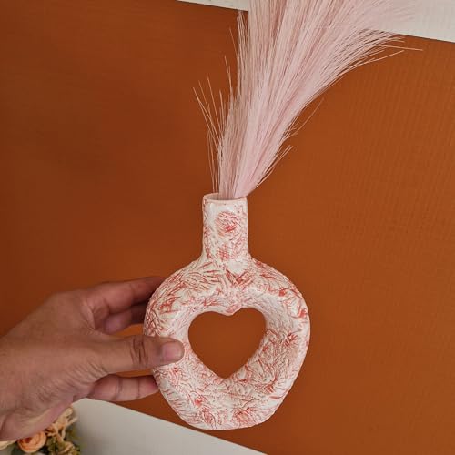Image of Unique 8 Inches Heart Design Ceramic Vase for Living Room & Home Decor (8 Inches), Pampas Grass Heart Ceramic Vase for Living Room, Kitchen, Garden, Vases for Home Decor (Set of 3 Vases)