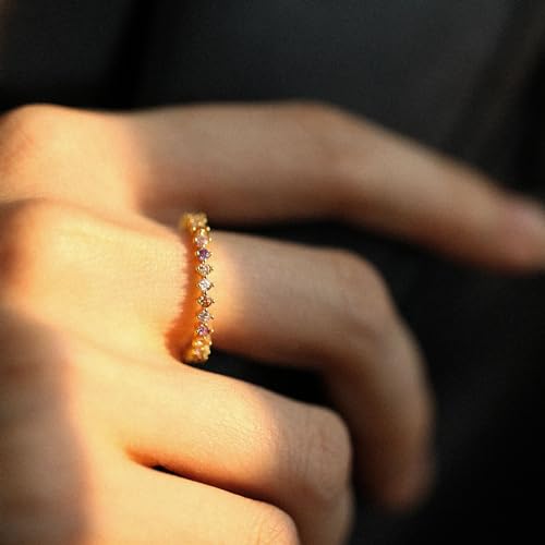 AMORAMOR & FOREVER Dainty Eternity Stackable Ring for Women – 14K Gold Plated Thin Rainbow Band with Colorful Cubic Zirconia, Cute CZ Wedding Ring3