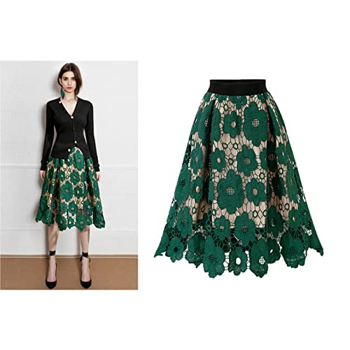 Women High Waist Pleated A-Line Knee Length Lace Midi Skirt Crochet Hollow Out Floral Print Flowy Vintage Skirts4