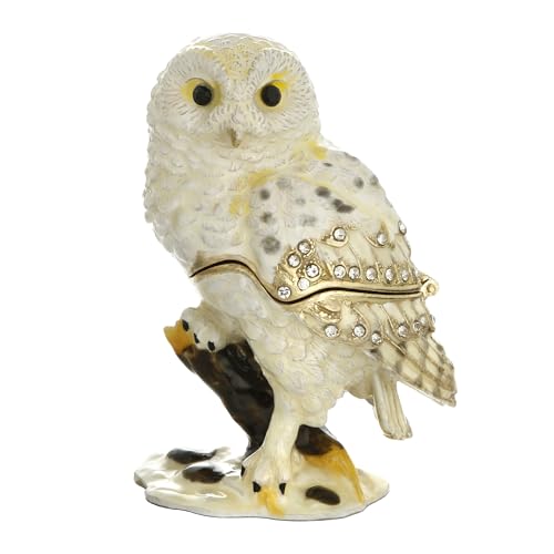 Vie jeune Hand Painted Enamel Barn Owl Trinket Box, Hinged Unique Mini Ring Necklace Jewelry Organizer, Classical Bejeweled Storage, Figurine Collectible Keepsake Home Decor (Barn Owl)
