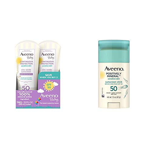 Aveeno Baby Continuous Protection Zinc Oxide Mineral Sunscreen Lotion with Broad Spectrum SPF 50 + Positively Mineral SPF 50 Sunscreen Stick for Sensitive Skin